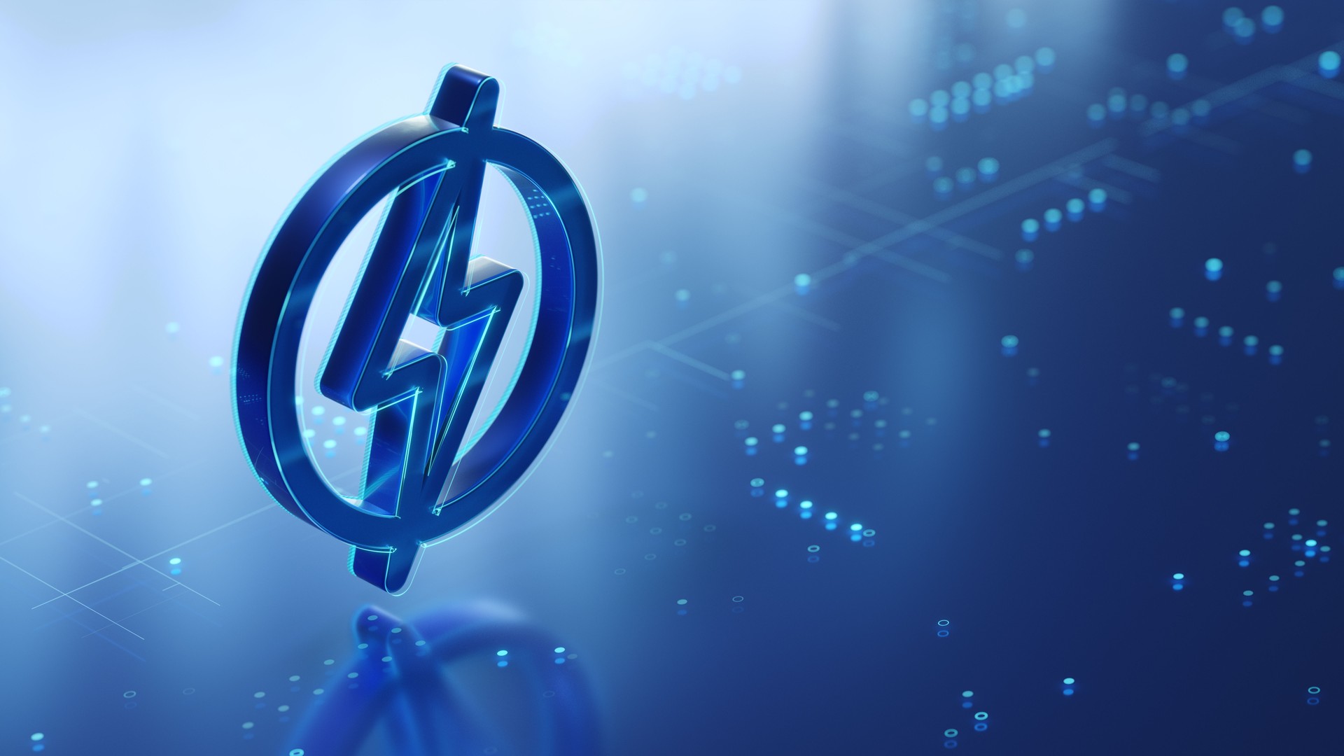 Digital problems and solution concept. Lightning 3d icon on the glossy futuristic surface with abstract glowing dots and lines